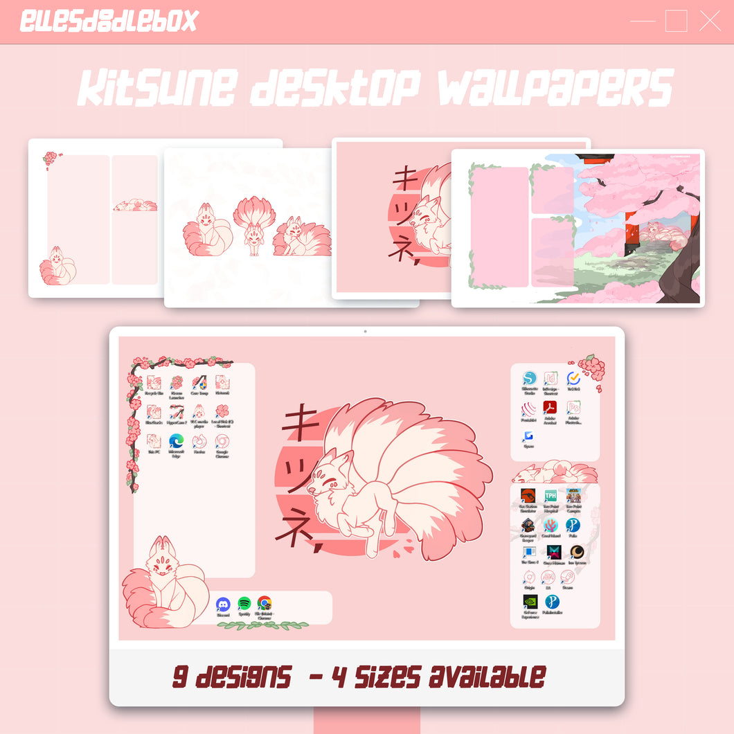 Pink Kitsune Themed Desktop Background Wallpaper Set  - Print At Home