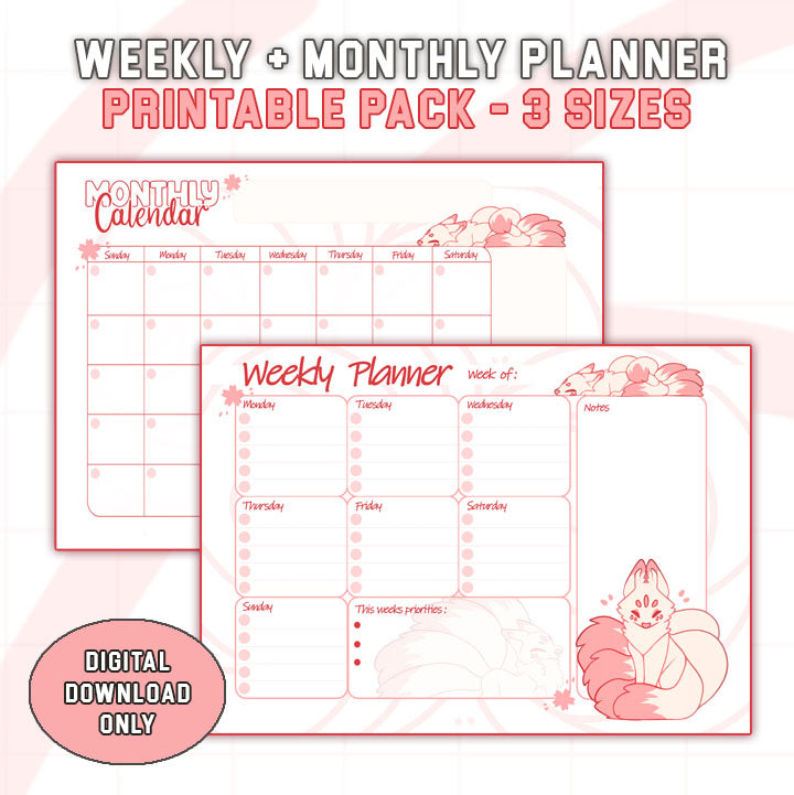 Pink Kitsune Weekly Planner + Monthly Planner - Print At Home